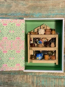 Handcrafted Miniature Kitchen Shelf With Pottery Basket Floral Vase Decoration - Picture 1 of 11