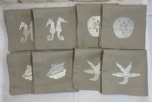 Set of 8 Linen Embroidered Napkins, Brown/Natural Ocean Nautical Design 10” Sq - Picture 1 of 3