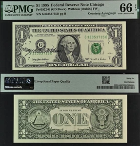 1995 $1 FRN - PMG 66EPQ - Top Pop Finest GD Block - Signed by Treasurer Withrow - Picture 1 of 4