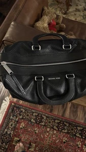 Luxury Michael Kors Men’s Black Perforated Leather Duffle Bag Weekender - Picture 1 of 9