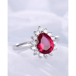 3 Ct Pear Cut Ruby & Moissanite Wedding Ring 14K White Gold FN - Picture 1 of 9