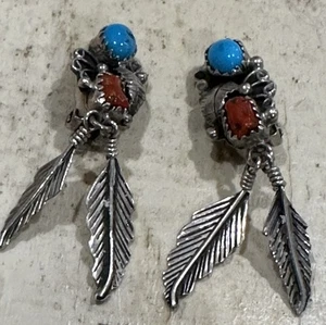 Vintage Navajo sleeping beauty turquoise & coral, feathers dangle earrings - Picture 1 of 4