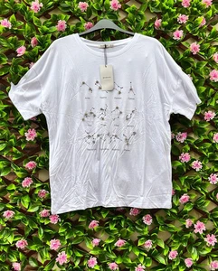 Stradivarius White Star Sign Rhinestone Embellished Short Sleeved T-shirt Size L - Picture 1 of 5