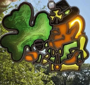Leprechaun Irish St Patrick's Day Sun Catcher-Stained Glass Acrylic Metal 3” - Picture 1 of 3