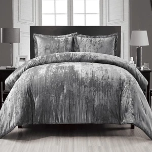 Crinkle Samt Bettdecken Set, 3-teilig Grau King, Crinkle Samt Gesicht und Brushe - Bild 1 von 6