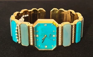 Rarities Goldtone Stainless Steel Gemstone Inlay Cuff Watch-Turquoise-S/M-NWT - Picture 1 of 7