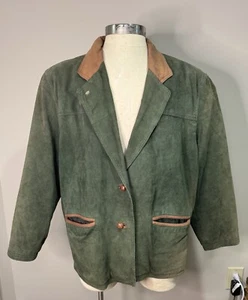 Outback Red Flannel Lined Green Leather Coat Blazer Large Vintage Old Money - Picture 1 of 11