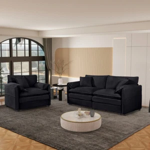 Black Chenille Loveseat &Armchair Set - Deep Seat Cloud Couch w/3 Pillows,Modern - Picture 1 of 21