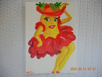 ACEO Original 3 Banana Mujer Fruta Sombrero Colorido y Divertido Acrílico sobre Papel Foto 1 de 4