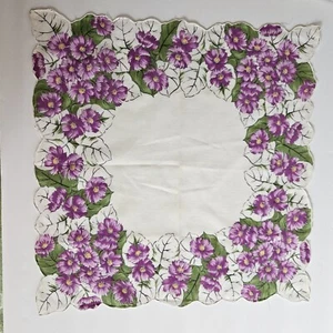 Vintage Taschentuch Frau lila Blumen Frühling Ostern Freude Garten Jakobsmuschel Rand - Bild 1 von 5