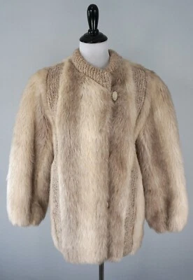 Vtg D'esprit Dubrowsky & Perlbinder Faux Fur Brown Beige Knit Mid Coat Size XL - Image 1 of 4