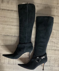 Brian Atwood black suede leather tall boots heels size 37 us 6.5, made in italy - Picture 1 of 9