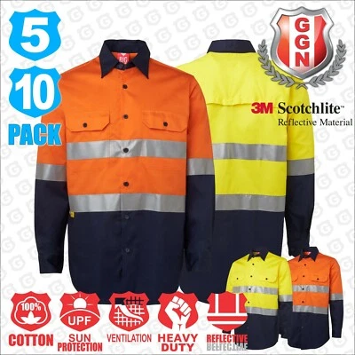 5x Hi Vis Work Shirts, Long sleeve cotton workwear  Orange Yellow Reflective - image 1 of 4
