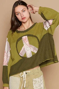 B Mirza collections POL Long Sleeve Cut Sew Peace Emblem Top - Picture 1 of 4