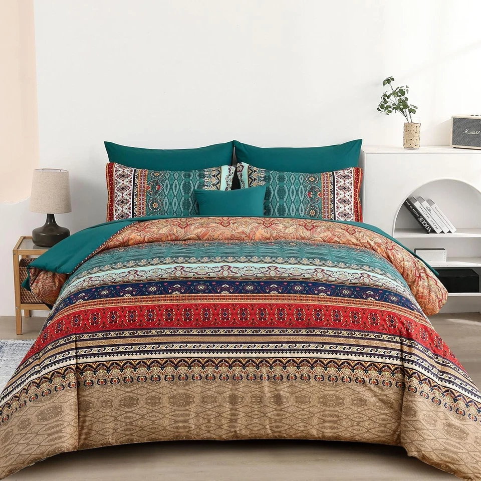 Juego de edredón a rayas florales de cachemira boho 8 piezas en una bolsa de microfibra para todas las estaciones Foto 1 de 1