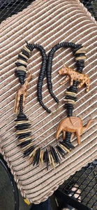 African Safari Necklace Handcrafted 30” Wood Leopard Elephant Giraffe Rock Beads - Picture 1 of 11
