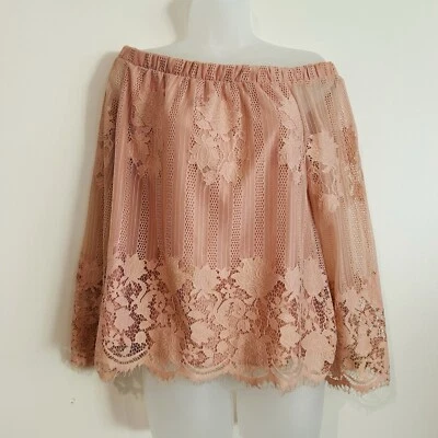 Arizona Blouse M Pink Lace Off Shoulder Coquette Lined Mesh Soft Girl Romantic - Image 1 of 4