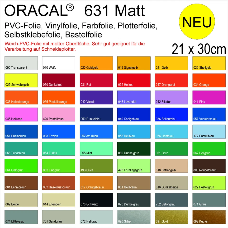[15,87 €/m²] Oracal 631 matt 21x30cm A4 Plotterfolie Farbfolie Klebefolie Vinyl
