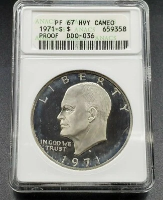 1971 S $1 Ike Eisenhower Dollar ANACS PF67 HEAVY CAMEO Variety DDO 036 - Image 1 of 4