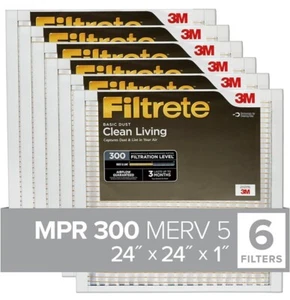 6PK Filtrete 24X24X1 Air Filter MPR 300 MERV 5, Clean Living Dust, Furnace - Picture 1 of 2