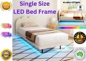Artiss Bed Frame Single Size LED Light Boucle Beige Floating SASA Solid Hardwood - Picture 1 of 9