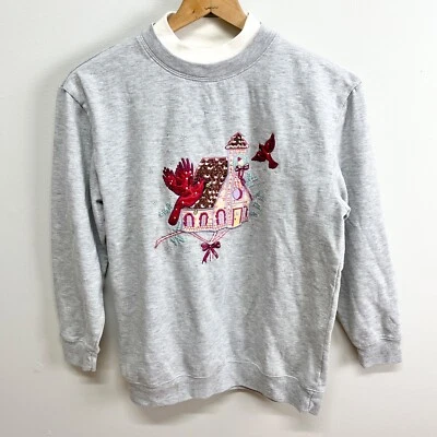 Vtg Red Cardinal Gingerbread House Gray Double Neck Sweatshirt Women’s M - Image 1 of 4