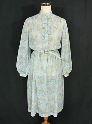 Vintage Kenny Classics Pastel Blue Floral Sheer Belted Shirtwaist Dress 1970s S - Image 1 of 4