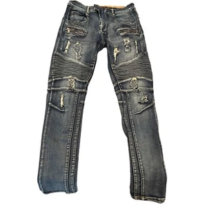 Balmain Blue Distressed Destructed Ribbed Biker Jeans Size Men's 34 X 33.5” - Picture 1 of 13
