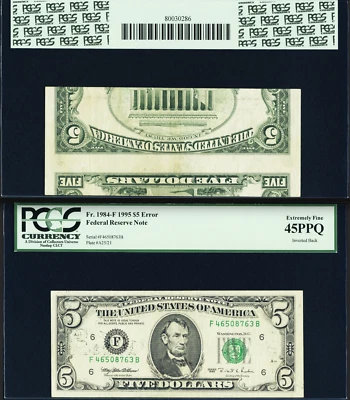 1995 PCGS 45PPQ parte posterior invertida cinco dólares raro denominación de $5 Foto 1 de 2