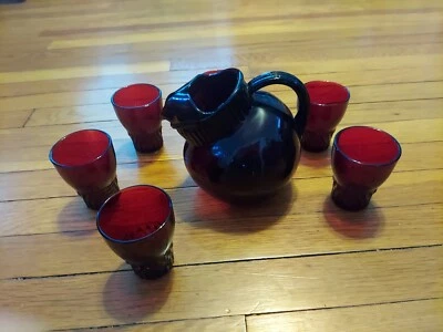 Royal Ruby Red Pitcher & 6 Glasses Ball Jug Ice Lip Winsor *Rare* Anchor Hocking - Image 1 of 4