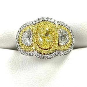 3 Stone GIA Oval Brilliant Cut Fancy Yellow Diamond Engagement Ring 18k 2.23 TCW - Picture 1 of 13