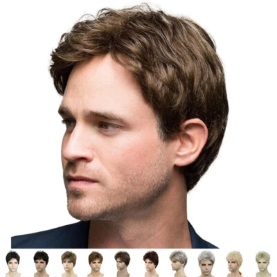 Mens Natural Short Straight Wigs Real Male Full Hair Wig Party Cosplay Toupee Foto 1 de 4