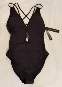 NEW! LA BLANCA WOMEN BLACK LACE UP ONE PIECE SWIMSUIT, US Size 8 - Picture 1 of 8
