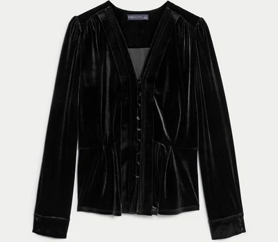 Marks & Spencer black velvet v neck pintuck blouse - PARTY - Image 1 of 4