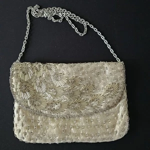 VINTAGE FRANKEL & ROTH Silber Perlen ABENDTASCHE Handtasche KETTE 1960 Satin gefüttert - Bild 1 von 11