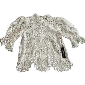 NWT Haute Monde White Intricate Lace Puffed Sleeves Mock Neck Blouse Large - Picture 1 of 7