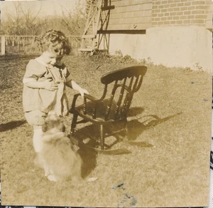 Snapshot Vintage Photo Toddler Baby Girl Puppy Dog Pet Animal Cute Candid Yard - Picture 1 of 5