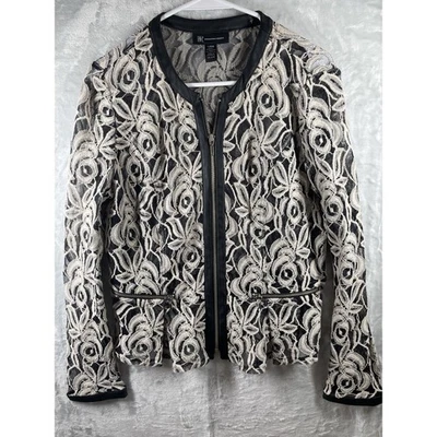 INC Blazer 女式 Lg See Thru 蕾丝夹克拉链花卉黑色职业办公室 — 第 1/4 张图片