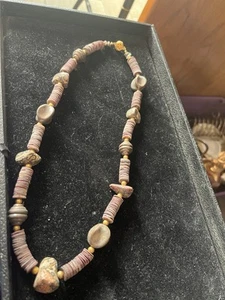 23" strung discs, polished stones, brass separators, muted purple necklace - Picture 1 of 5