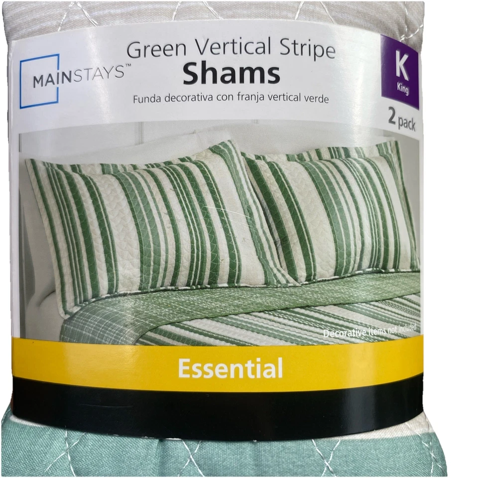 Green Vertical Stripe Shams Essentials 2 pack King Quilted - Image 1 of 4