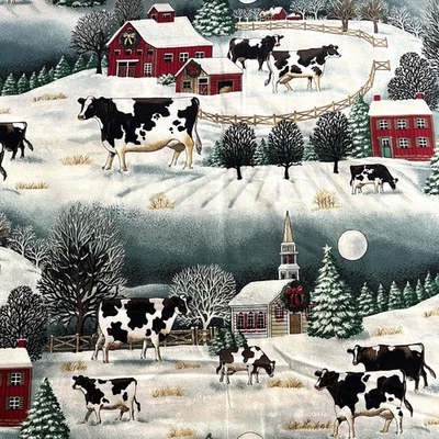 Vtg Concord Fabric Designed By Kessler Christmas Winter Farm Cows Barn 41” NEW - Image 1 of 4