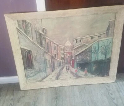 Litografía texturizada en invierno Maurice Utrillo Montmarte, marco de madera clara 34"x27" Foto 1 de 4