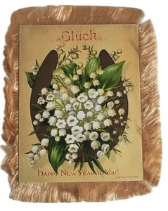 Biglietto antico felice anno nuovo bordo tessuto, nappe copyright 1881 Prang & Co. - Foto 1 di 5