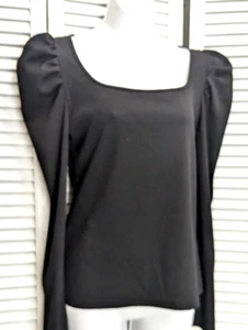 Camisa Negra Cuello Cuadrado Hombro Abullonado Tejido Acanalado Grande Manga Larga NUEVA - Imagen 1 de 14
