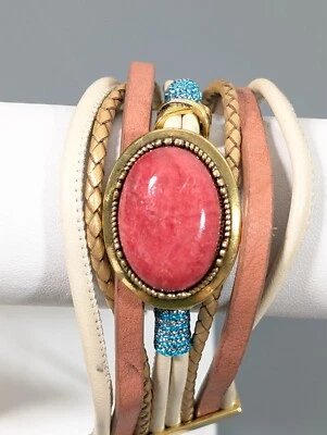 LJ Red Stone Leather Multi Strand Adjustable Bracelet Wide Boho Western - Image 1 of 4