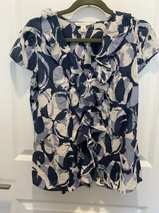 Banana Republic Medium Blue White Ruffle Cotton Silk Blend Blouse Top - Picture 1 of 9