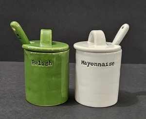 Unique Condiment Set Pottery Barn BBQ Mayo Relish Spoons Lids Cottagecore Garden - Picture 1 of 15