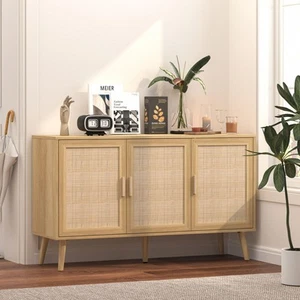 Aparador 3 Puertas de Ratán Patas de Madera Maciza Gabinete Hogar Salón Muebles - Imagen 1 de 9