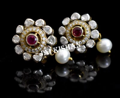 Vero Rubino Perla Gemma Polki Pavé di Diamanti 925 Argento Sterling Orecchini - Immagine 1 di 4