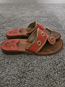 Jack Rogers Nantucket Flip Flops Leather Sandals in Fire Coral & Gold Size 7M - Picture 1 of 9